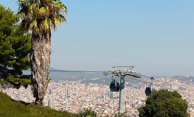 Cable cars of the Montjuïc line crossing over the rooftops of Barcelona